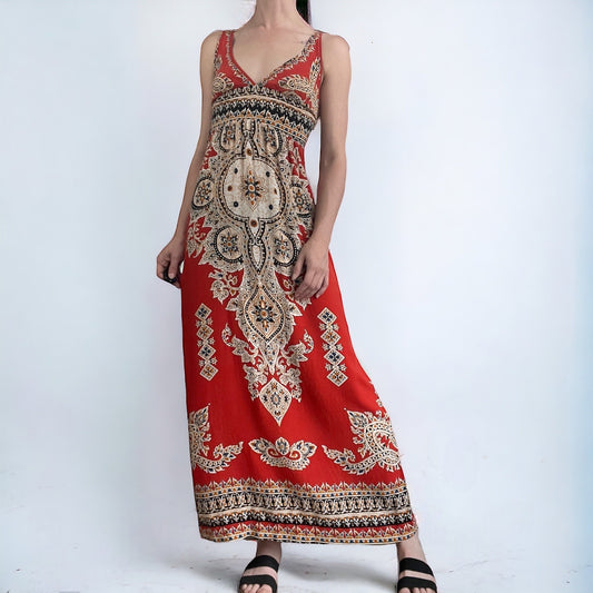 Afuadani Boho Red A-Line Maxi Dress