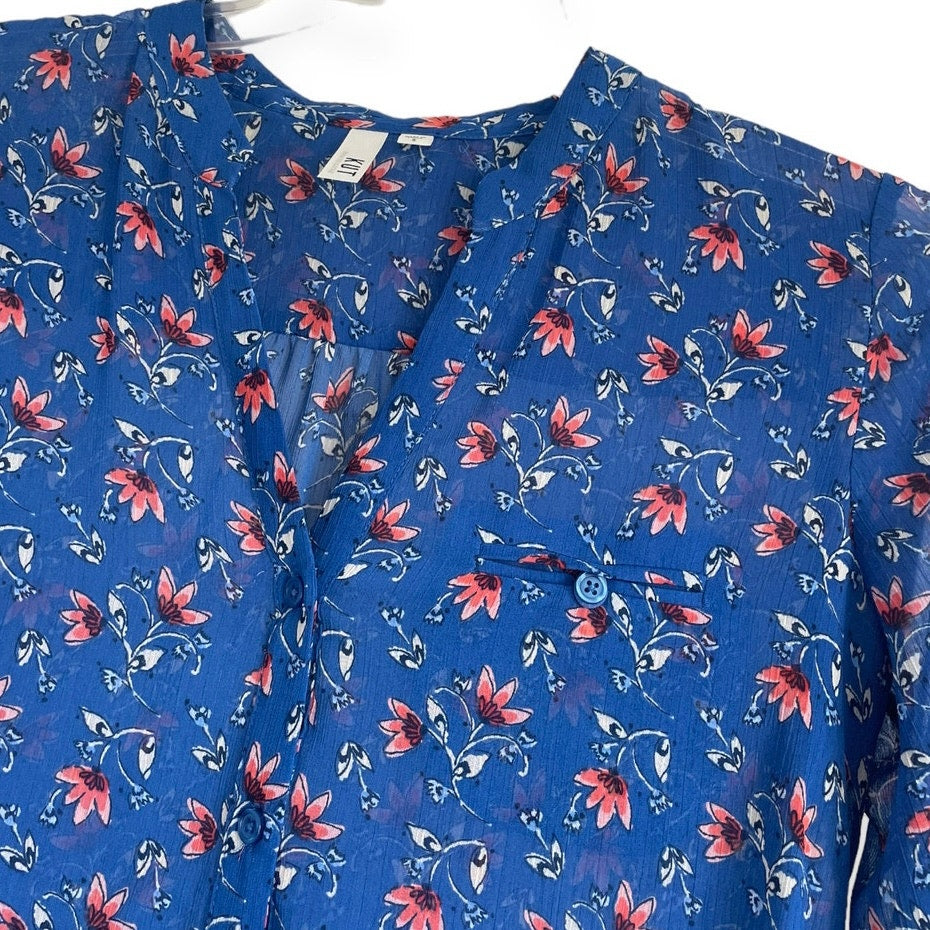 Kut From The Kloth Sheer Blue Floral Long Sleeve Button Down Blouse