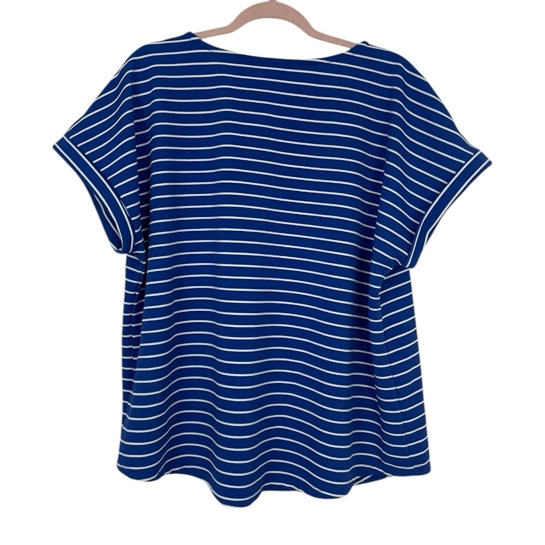 Jones New York Blue & White Striped Short Cuffed Sleeve Blouse