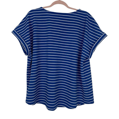 Jones New York Blue & White Striped Short Cuffed Sleeve Blouse