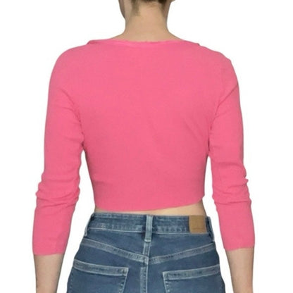 Vintage Pink Rhinestone Ribbed Cropped Ruffled V-Neck Top