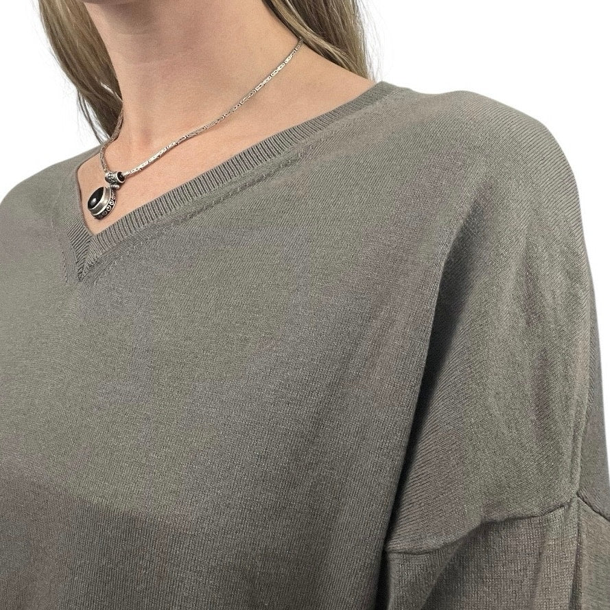 Jarbo Grey Long Sleeve V-Neck Silk & Cashmere Knit Top