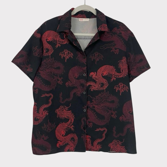 ROMWE Black & Red Dragon Print Short Sleeve Button Down Shirt