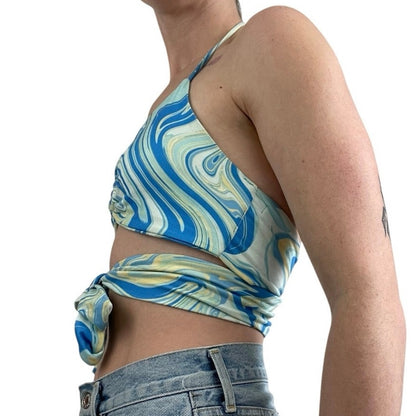 Ginger G Blue Swirly Funky 70s Cutout Halter Neck Strappy Top