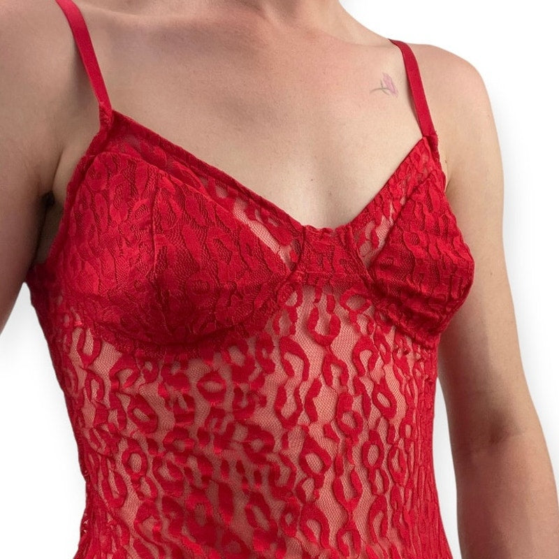 Superdown Red Sheer Cheetah Print Bodysuit