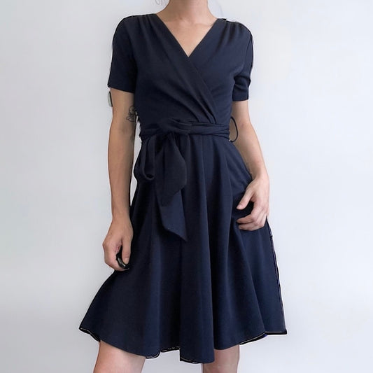 Unique Vintage Navy Blue A-Line Mini Dress with Belt