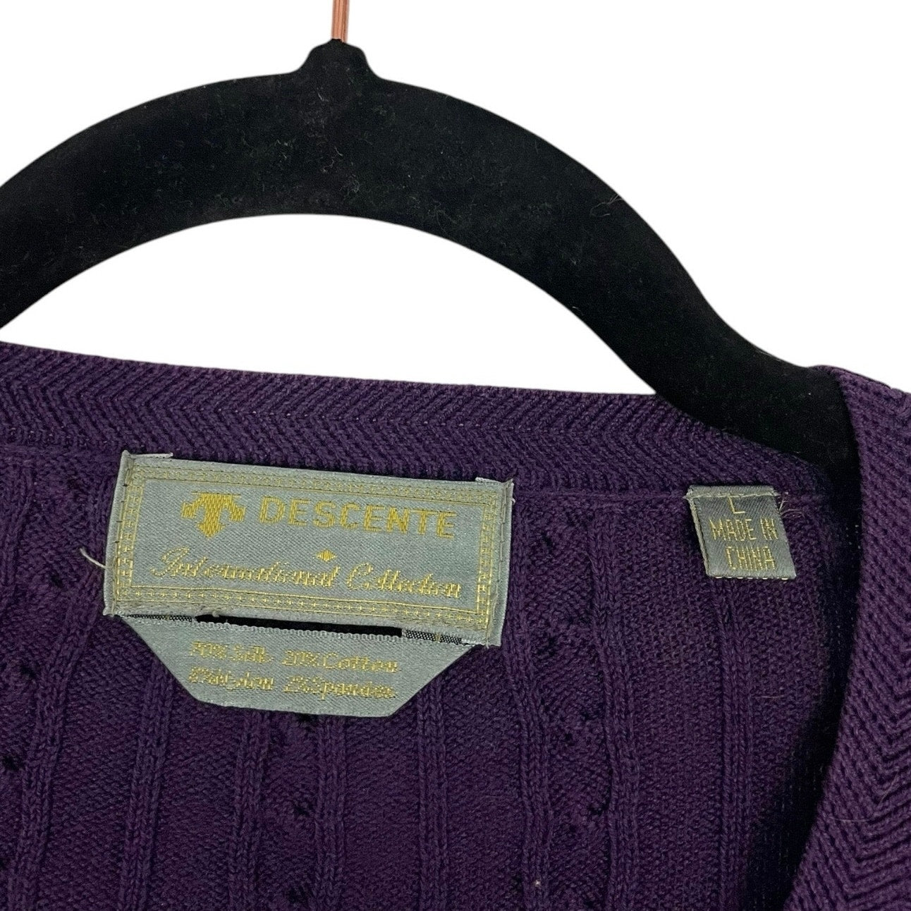 Descente Vintage Purple Cable Knit V-Neck Sweater