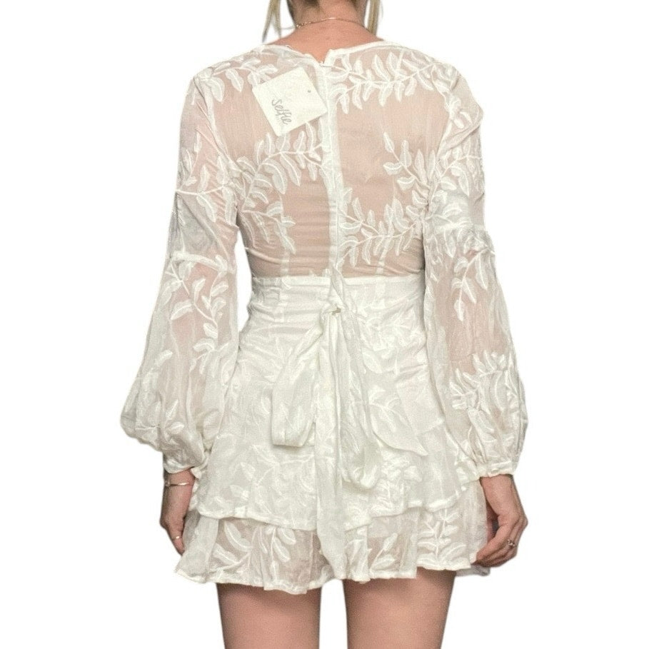 NWT Selfie Leslie White Leaf Lace Layered Sheer Long Puff Sleeve Mini Dress