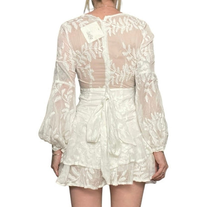 NWT Selfie Leslie White Leaf Lace Layered Sheer Long Puff Sleeve Mini Dress