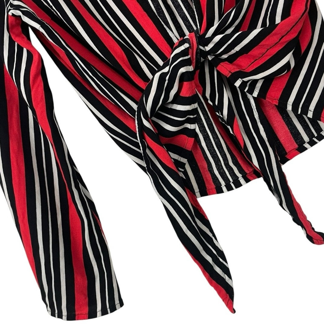 ONLY Red & Black Striped Tie Front Bell Sleeve Top