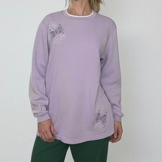 Blair Vintage Purple Butterfly Embroidered White Double Collar Sweatshirt