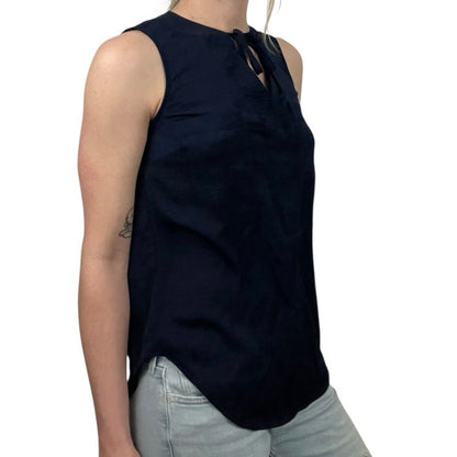 New York & Company Silky Navy Blue Tie Front Blouse