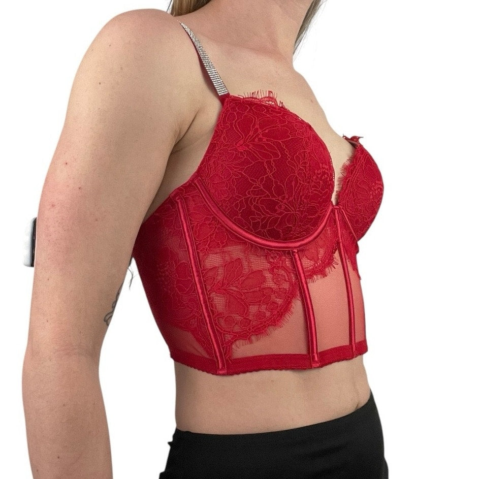 Red Lace Rhinestone Strap Padded Cropped Corset Tank Top