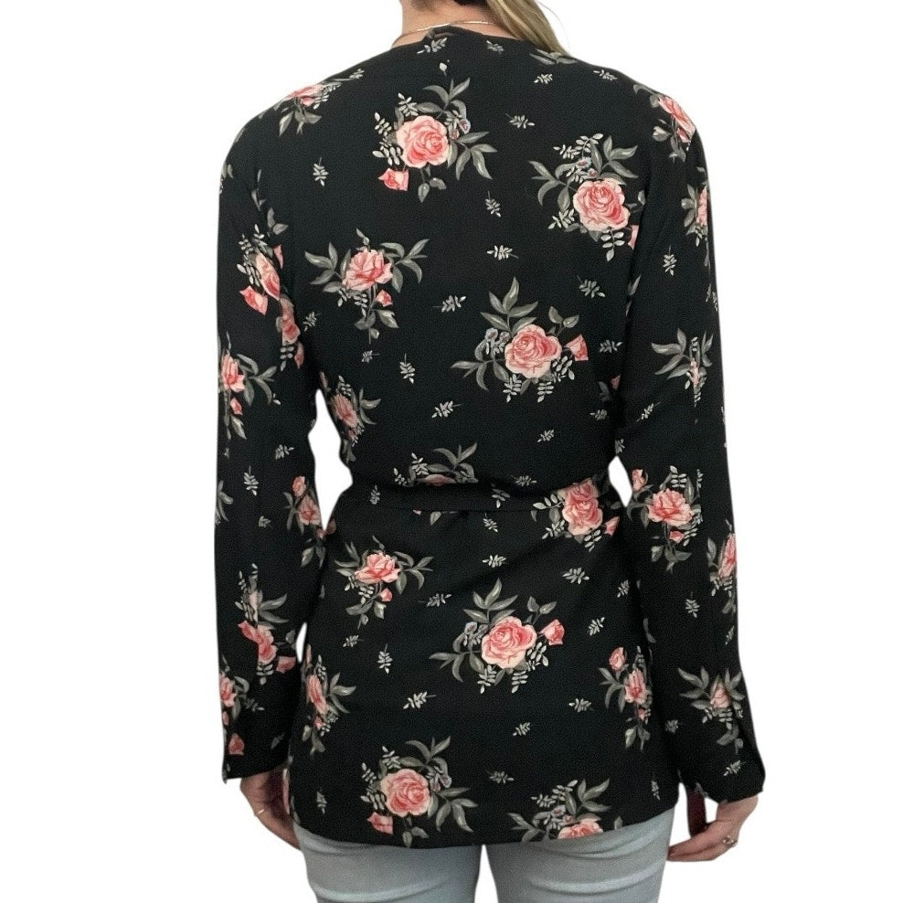 Divided by H&M Black & Pink Floral Tie Front Kimono Top