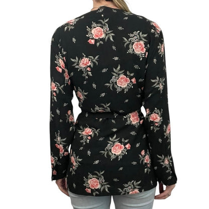 Divided by H&M Black & Pink Floral Tie Front Kimono Top
