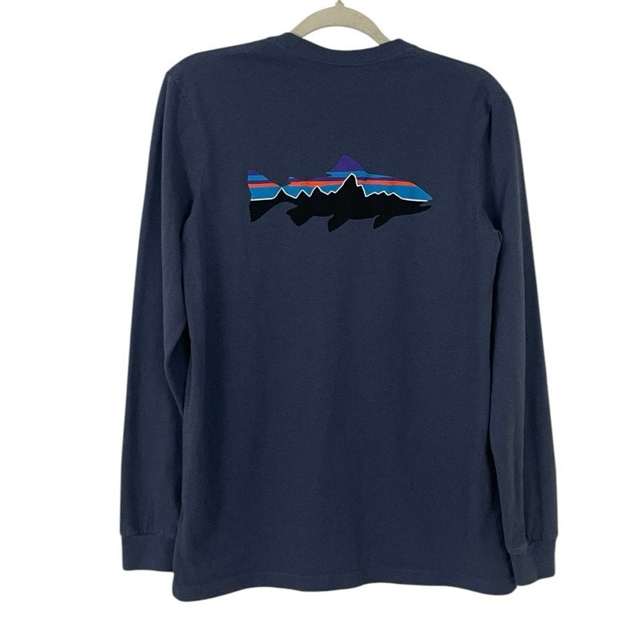 Patagonia Mens Navy Blue Fish Graphic Long Sleeve Responsibili-Tee