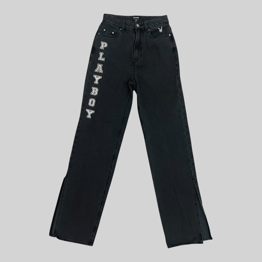 Playboy by PacSun Black Emrboidered High Rise Wide Leg Jeans