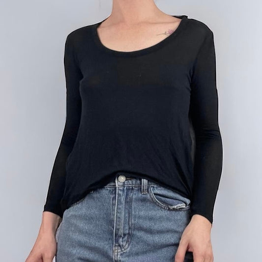 Soft Black Front Sheer Open Button Back Long Sleeve Blouse