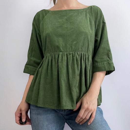 Maeve by Anthropologie Green Corduroy Cropped Sleeve Button Back Blouse