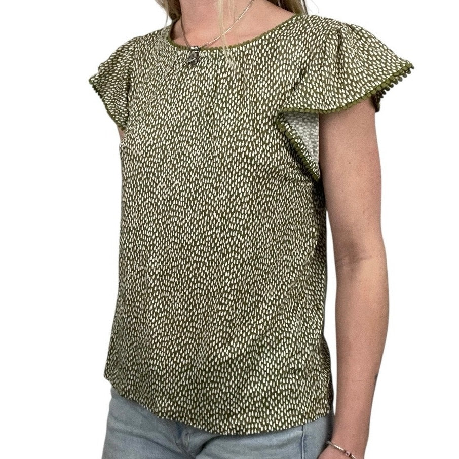 NWT LOFT Linen Green & White Dot Boho Embroidered Trim Blouse