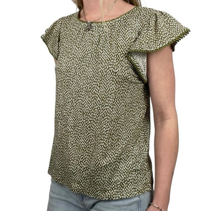 NWT LOFT Linen Green & White Dot Boho Embroidered Trim Blouse