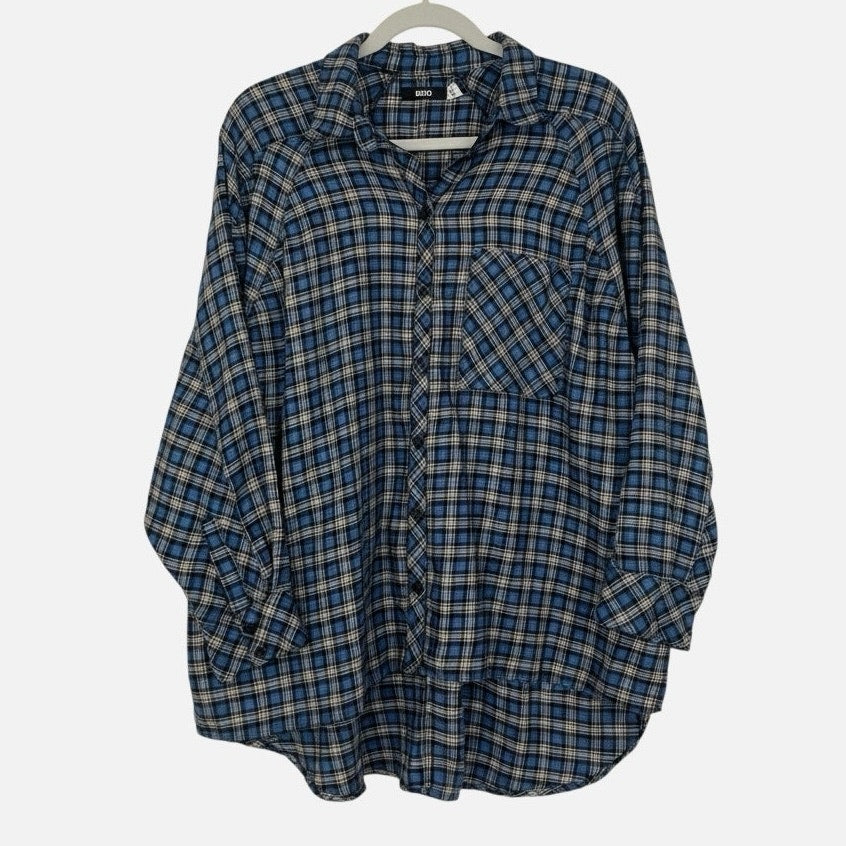 BDG Blue Plaid Oversized Flannel Button Down Top