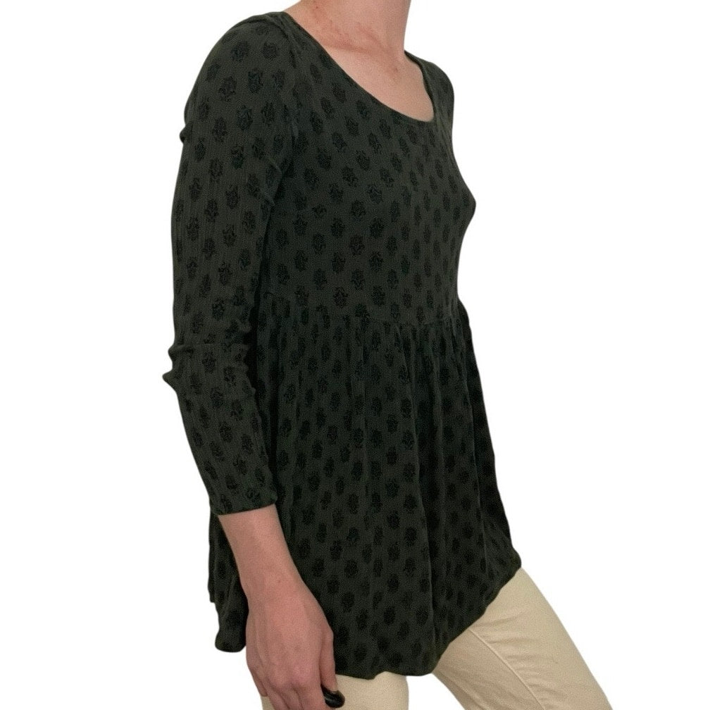 Forever 21 Green Boho Print A-Line Long Sleeve Open Cross Back Blouse