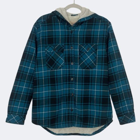 Boston Traders Teal Plaid Button Down Flannel Sherpa Fur Lined Hooded Jacket