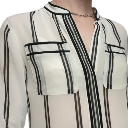 LOFT Sheer Black & White Striped Long Sleeve V-Neck Blouse