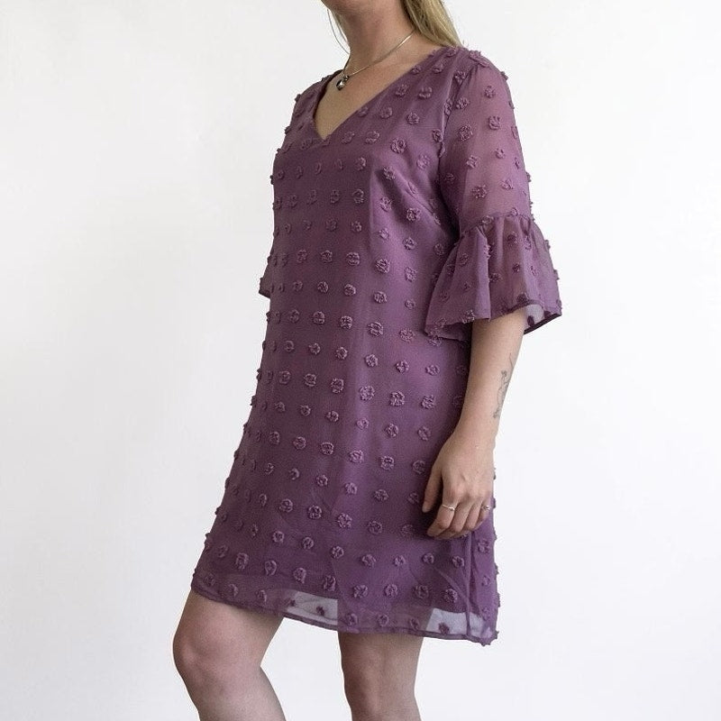 Pink Swiss Dot Sheer Flutter Sleeve V-Neck Mini Dress