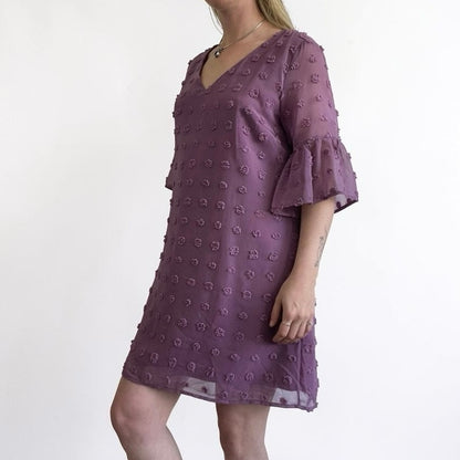 Pink Swiss Dot Sheer Flutter Sleeve V-Neck Mini Dress