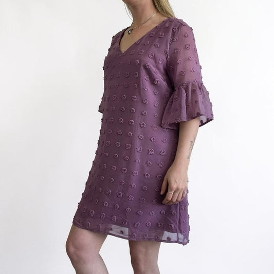 Pink Swiss Dot Sheer Flutter Sleeve V-Neck Mini Dress
