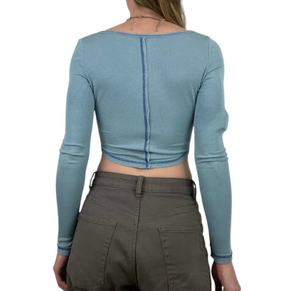 Out From Under Blue Contrast Stitch Patchwork Long Sleeve Cropped Top