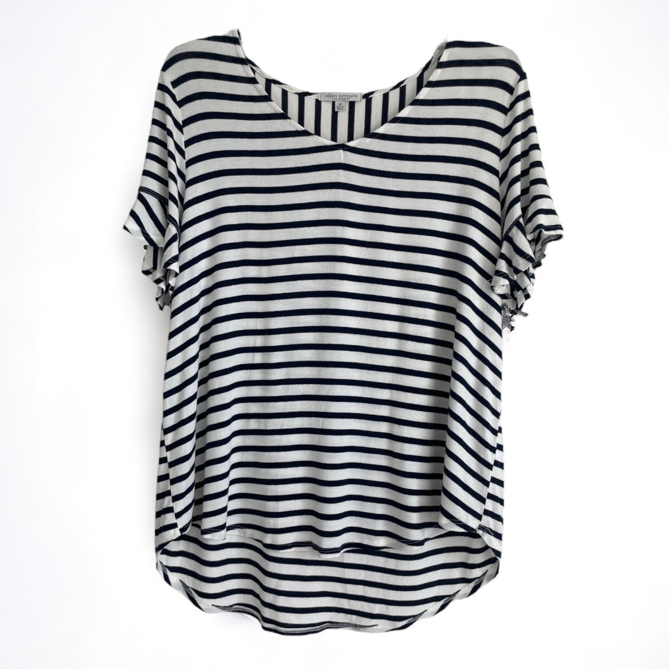 Green Envelope Navy Blue and White Striped Ruffled Short Sleeve Blouse