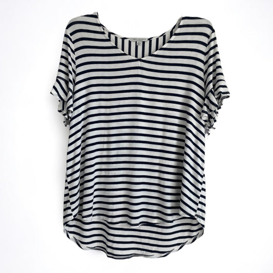 Green Envelope Navy Blue and White Striped Ruffled Short Sleeve Blouse