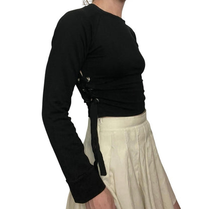 Astonishing Power Black Cropped Lace Side Long Sleeve Top