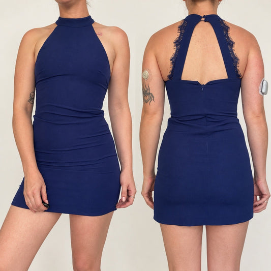 Lulu's Blue Lace Trim Open Back Halter Mini Dress