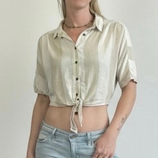 BDG Beige & White Striped Cropped Tie Front Button Down Blouse
