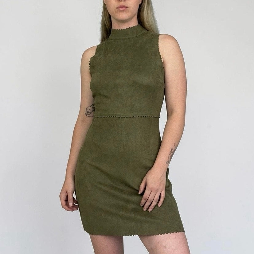 HYFVE Olive Green Faux Suede Scalloped Trim Mini Dress