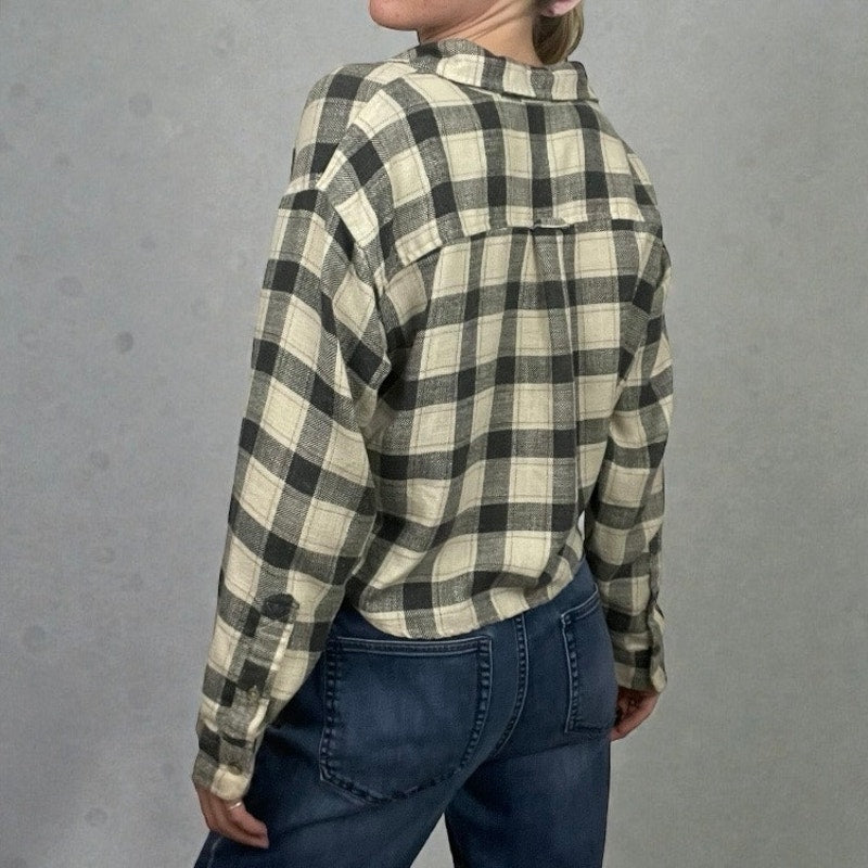 American Eagle Beige & Grey Plaid Long Sleeve Button Down Shirt