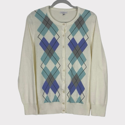 Croft & Barrow Cream and Blue Argyle Button Down Sweater