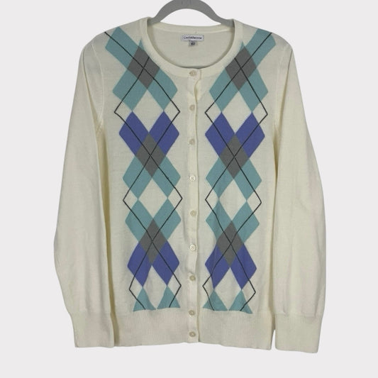 Croft & Barrow Cream and Blue Argyle Button Down Sweater
