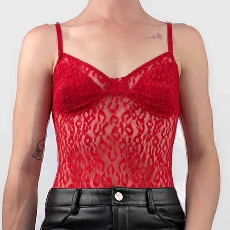 Superdown Red Sheer Cheetah Print Bodysuit