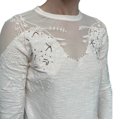 Free People Light Pink Mesh Embroidered Long Sleeve Blouse