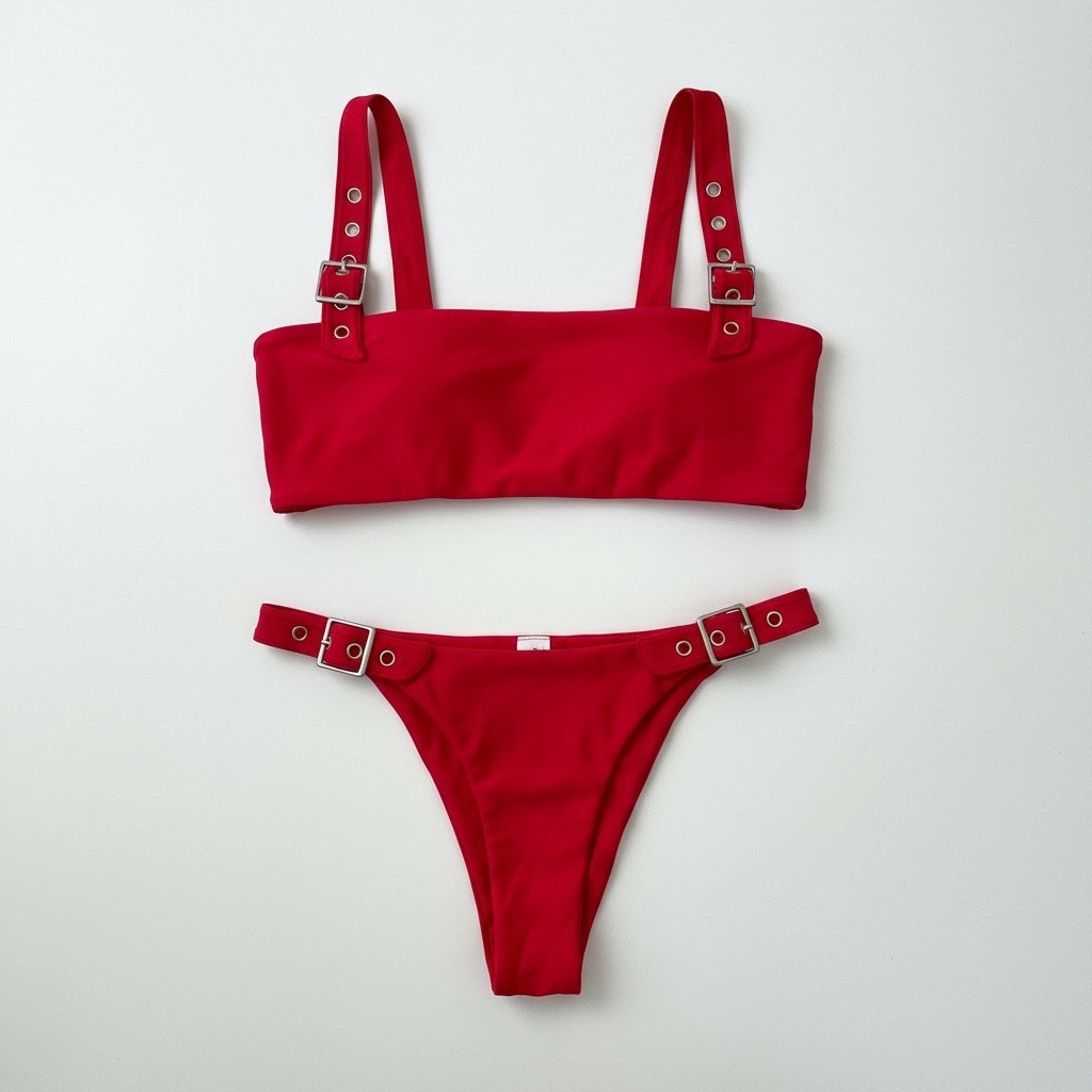 Red Buckle Grommet Cheeky Bikini Set