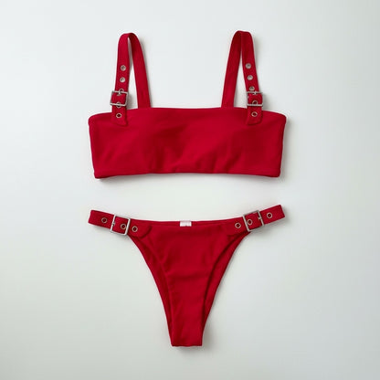 Red Buckle Grommet Cheeky Bikini Set