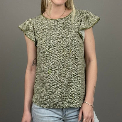 NWT LOFT Linen Green & White Dot Boho Embroidered Trim Blouse
