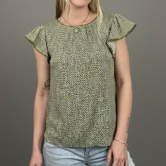 NWT LOFT Linen Green & White Dot Boho Embroidered Trim Blouse