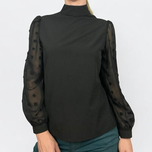 Black Puff Sheer Textured Sleeve High Neck Blouse