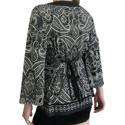 Apt. 9 Black & White Boho Paisley Long Bell Sleeve Blouse